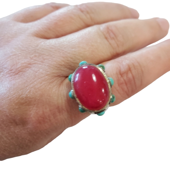Vintage Sterling Large Turquoise and Gemstone Ring - Picture 8 of 15